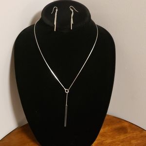 Two Piece Silver Y Bar Necklace & Earrings
